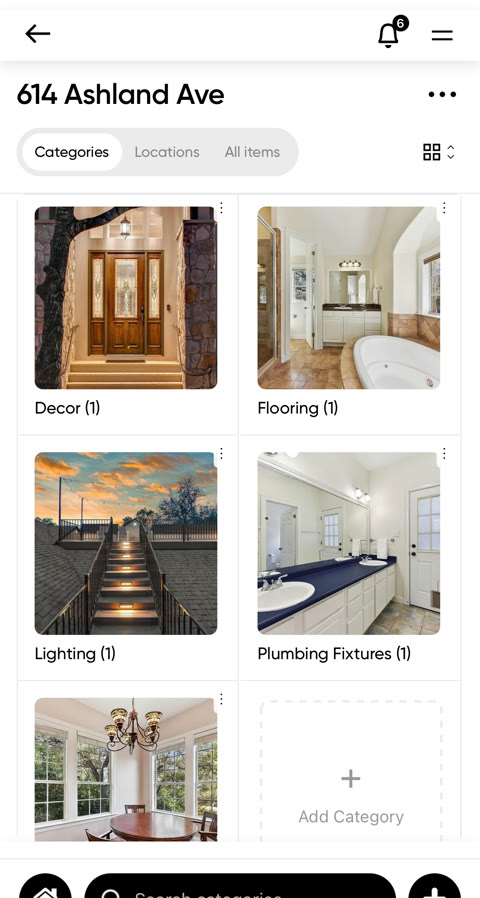 The 614 Ashland Ave categories in Co|See — Decor, Flooring, Lighting and Plumbing Fixtures, each with its own photo.