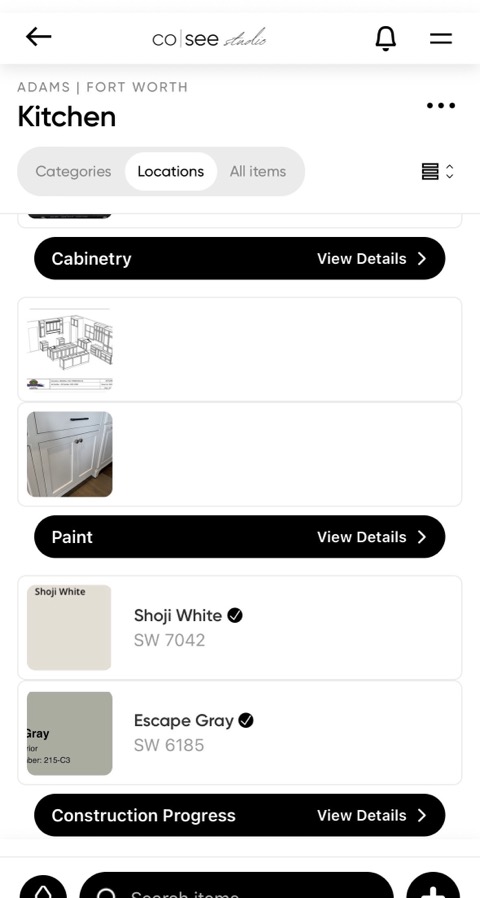 The Kitchen in Co|See — its cabinet drawings and its two paint colors, Shoji White and Escape Gray, side by side.