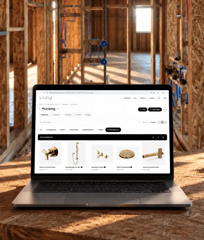 A laptop open to the project's plumbing selections, set on a subfloor in a framed house at rough-in, with supply lines in the open walls behind it.